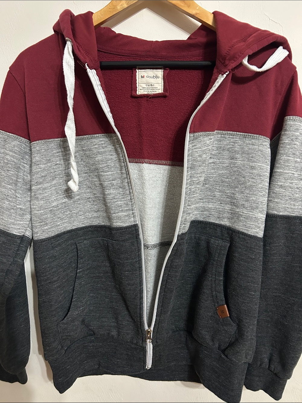 Doublju Colorblock Zip-Up Hoodie  - Women’s Burgundy, Light Gray, Charcoal